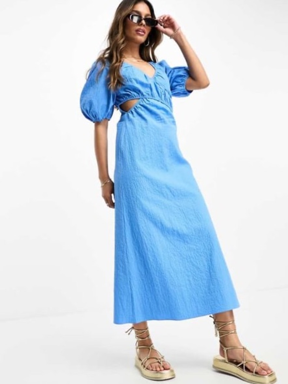 Blue Seersucker Wrap Midi Dress Cut Out Puff Sleeves ASOS DESIGN US 8